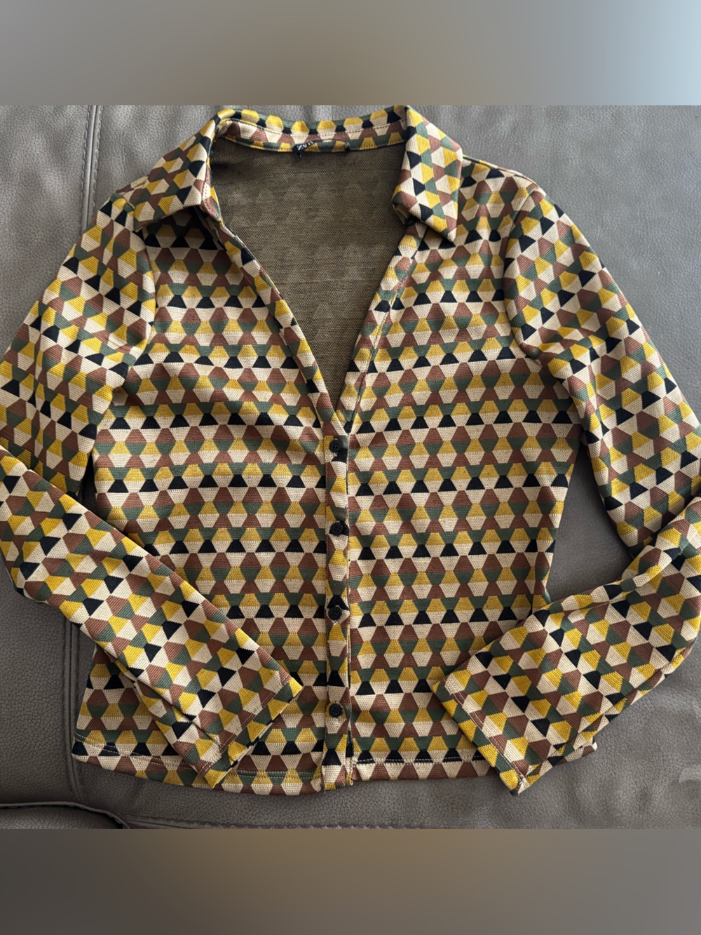 Zara ladies Geometric Button-Down Shirt in Yellow, Brown, Green